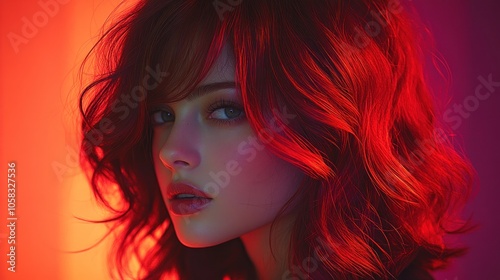 A close-up portrait of a woman with vibrant red hair and dramatic lighting.