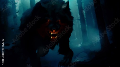 A fearsome werewolf snarls and bares its sharp teeth under the moonlight in a dark, shadowy forest, ready to attack