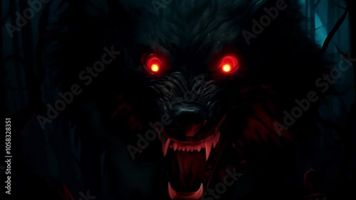 A terrifying werewolf with glowing red eyes lurks menacingly in the dense forest, creating a chilling and eerie atmosphere