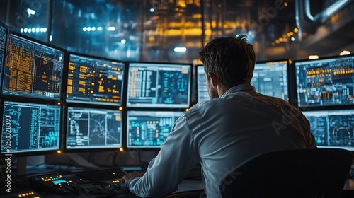 Engineer troubleshooting network issues in a high-tech control room, with real-time diagnostics displayed on multiple monitors photo