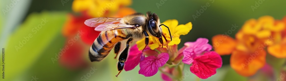A close-up of a bee pollinating vibrant flowers in a natural setting. A close-up of a bee pollinating vibrant flowers in a natural setting.