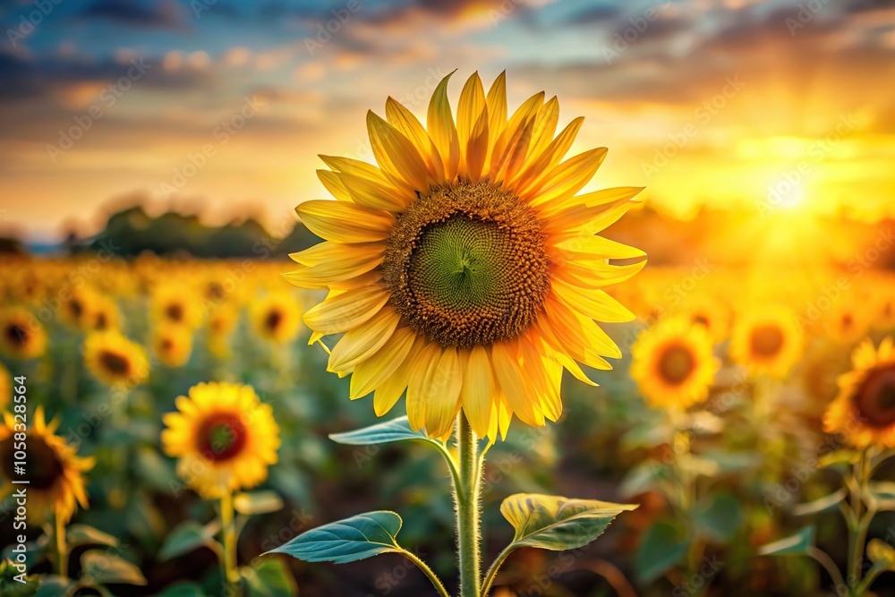 Obraz premium A vibrant sunflower standing tall amidst a field of golden hues with dark centers and subtle texture, field, flower