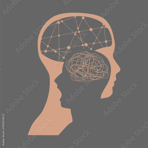 Metaphor bipolar disorder mind mental. Split personality. Concept mood disorder. Two head silhouette. Psychology and mental health. Dual personality concept. Tangle and untangle