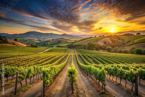 Wallpaper Mural A vineyard landscape at sunset with rows of grapevines stretching across the hills, rolling hills, vineyards, grapevine, countryside, wine region Torontodigital.ca