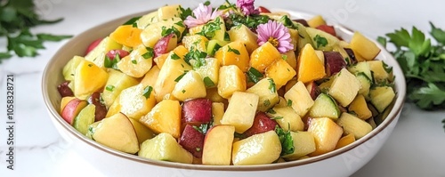 A vibrant fruit salad featuring a mix of diced fruits and garnished with herbs and flowers.