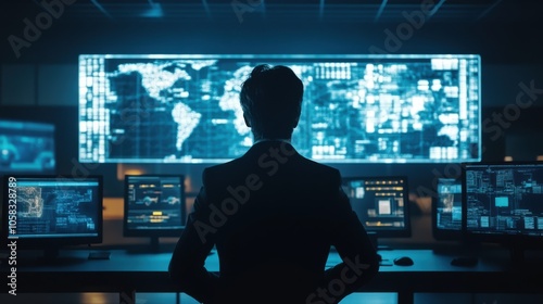 A shadowy figure in a control room filled with AI-driven surveillance systems,