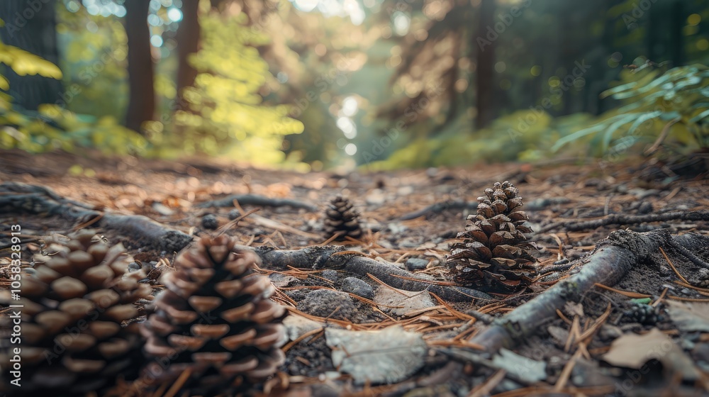 Close-up view of forest path with cones and roots, low angle in natural scenery with blurred background. Shallow depth of field in park, environmental context. Close-up view of forest path with cones and roots, low angle in natural scenery with blurred background. Shallow depth of field in park, environmental context.