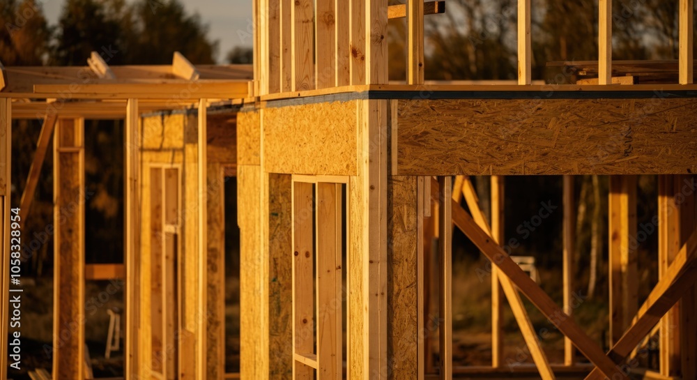 Golden Hour Construction Site with Wooden Framework Under Warm Light Golden Hour Construction Site with Wooden Framework Under Warm Light