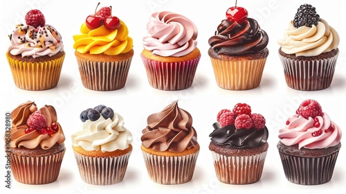 Colorful Assorted Cupcakes with Various Frostings and Toppings Displayed in a Row on a White Background, Perfect for Celebrations, Parties, and Dessert Lovers