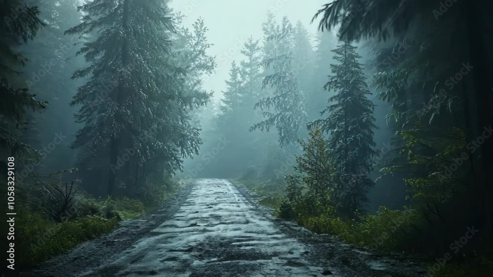 A snow-covered road winds through a dense forest on a foggy morning A snow-covered road winds through a dense forest on a foggy morning