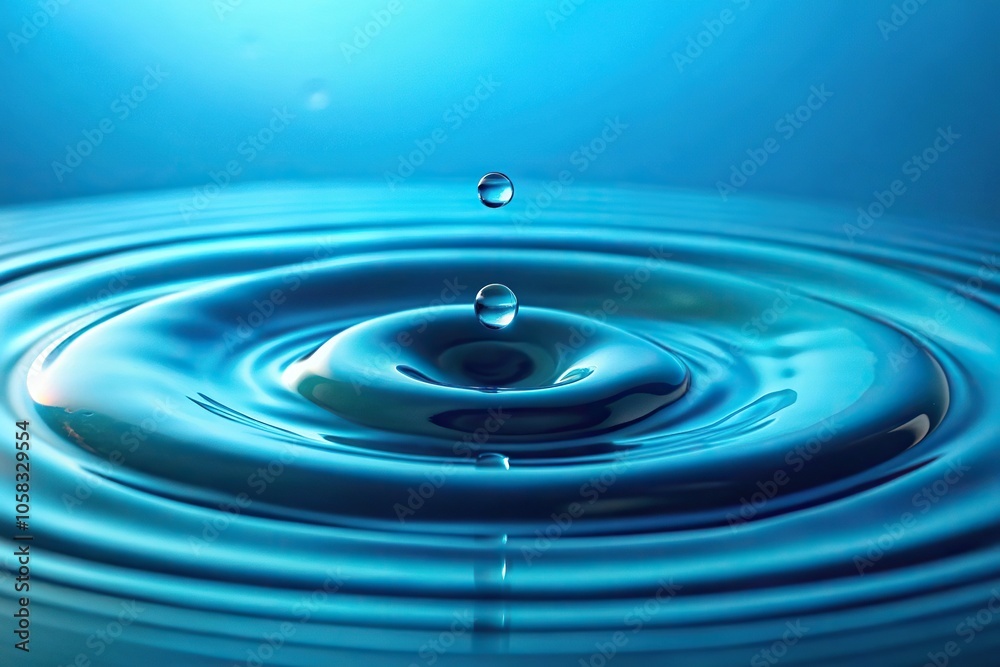 A small pool of cyan liquid sits on a blue background, surrounded by a few stray droplets that have dripped from above, liquid, pool, dripping