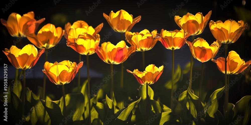 A vibrant display of yellow and orange tulips in a garden setting. A vibrant display of yellow and orange tulips in a garden setting.