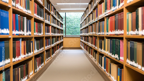 Charming library books neatly arranged on shelves in a public library.