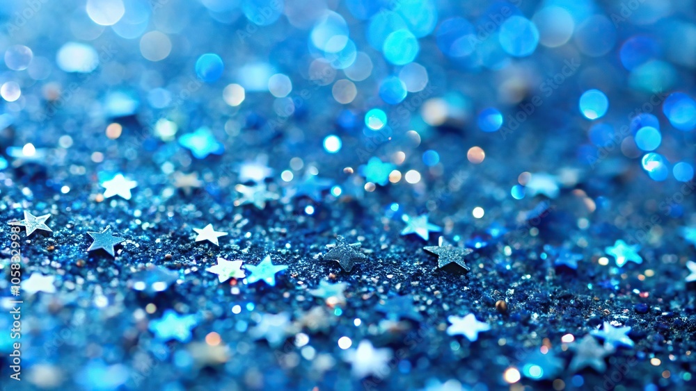 Close-up of blue confetti and glitter particles for anniversary celebration