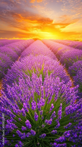 A vibrant lavender field at sunset, showcasing nature's beauty and tranquility.