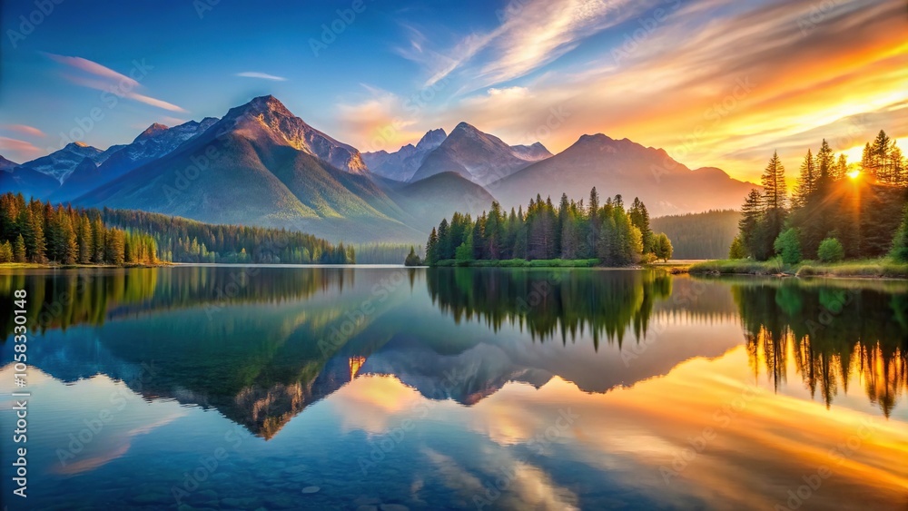 A serene lake reflects the beauty of the surrounding mountains as the sun rises over them, calm atmosphere, reflective surface A serene lake reflects the beauty of the surrounding mountains as the sun rises over them, calm atmosphere, reflective surface