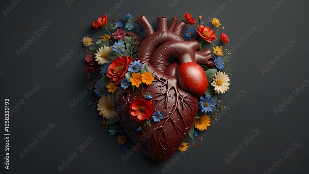 Naklejka premium A human heart with flowers, the idea of love and feeling, a kindhearted person, assistance, and charity
