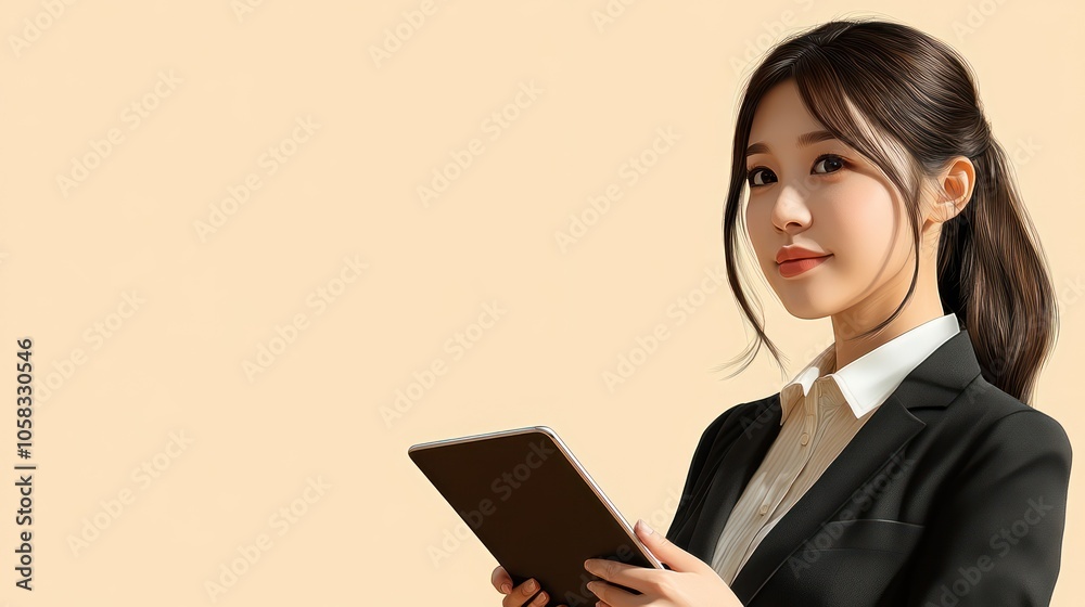Professional woman holding a tablet, dressed in business attire. Professional woman holding a tablet, dressed in business attire.