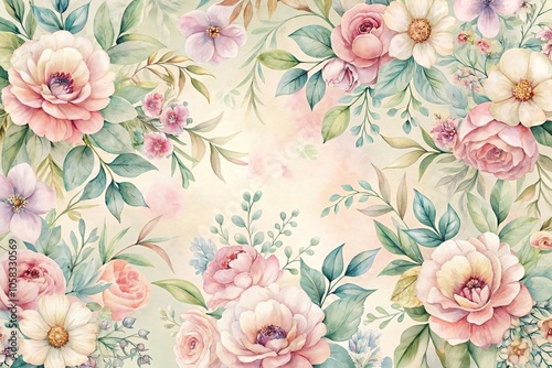 Delicate watercolor floral pattern featuring soft pastel hues and intricate details, nature, delicate design, pattern, branches
