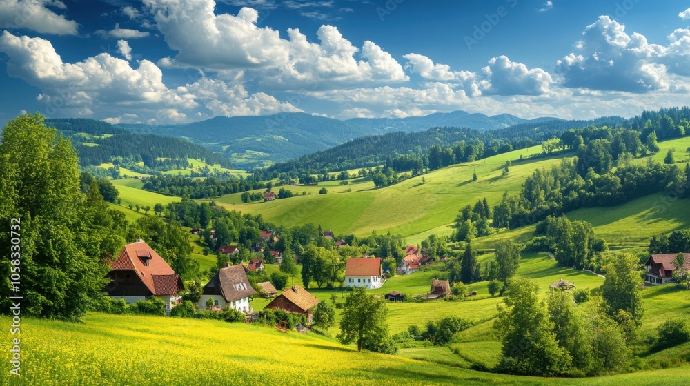A tranquil scene in the Austrian countryside, with rolling green hills,