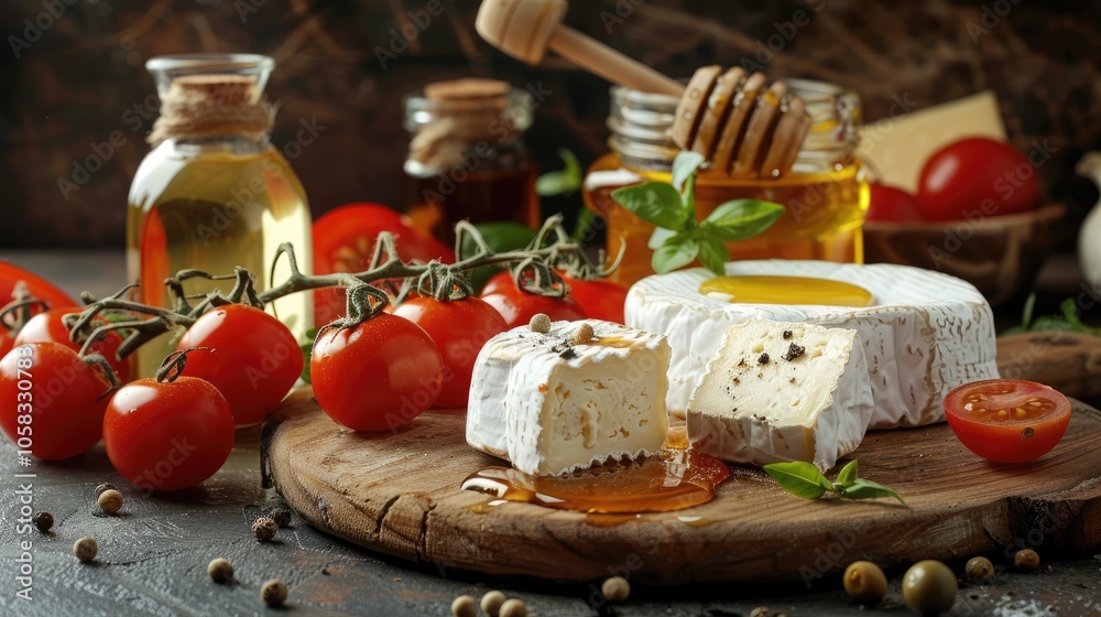 Soft cheeses group with honey and tomatoes on cutting board, kitchen counter scene Soft cheeses group with honey and tomatoes on cutting board, kitchen counter scene
