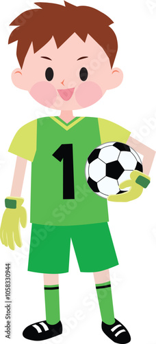A boy goalkeeper wearing green jerseys holding a soccer ball. Vector Illustration