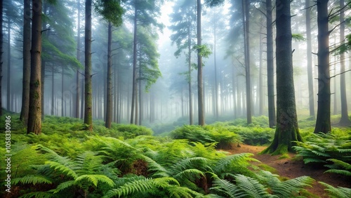 A misty morning in the forest with fog rolling in off the ground, revealing towering trees and a carpet of ferns, overcast sky, leaves, foggy forest, forest floor, natural scenery