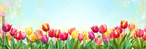 A vibrant field of tulips in various colors against a soft, dreamy background.