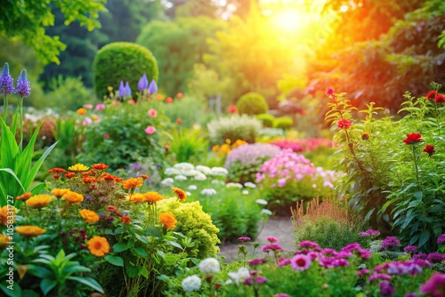 A lush green garden with various flowers blooming in the warm sunlight, garden bed, foliage