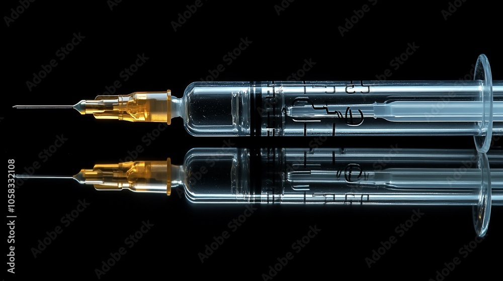 A close-up of a clear medical syringe with a needle on a black reflective surface. A close-up of a clear medical syringe with a needle on a black reflective surface.