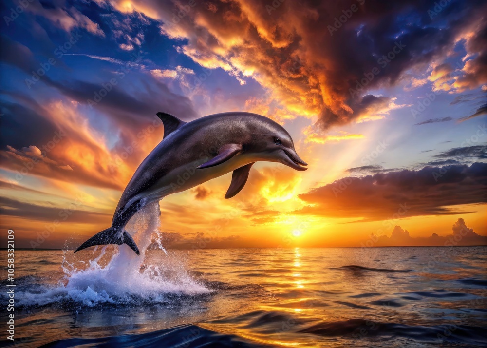 Fototapeta premium Young Dolphin Jumping at Sunset for World Aquatic Animal Day - Stunning Macro Photography of Marine Life in Vibrant Colors