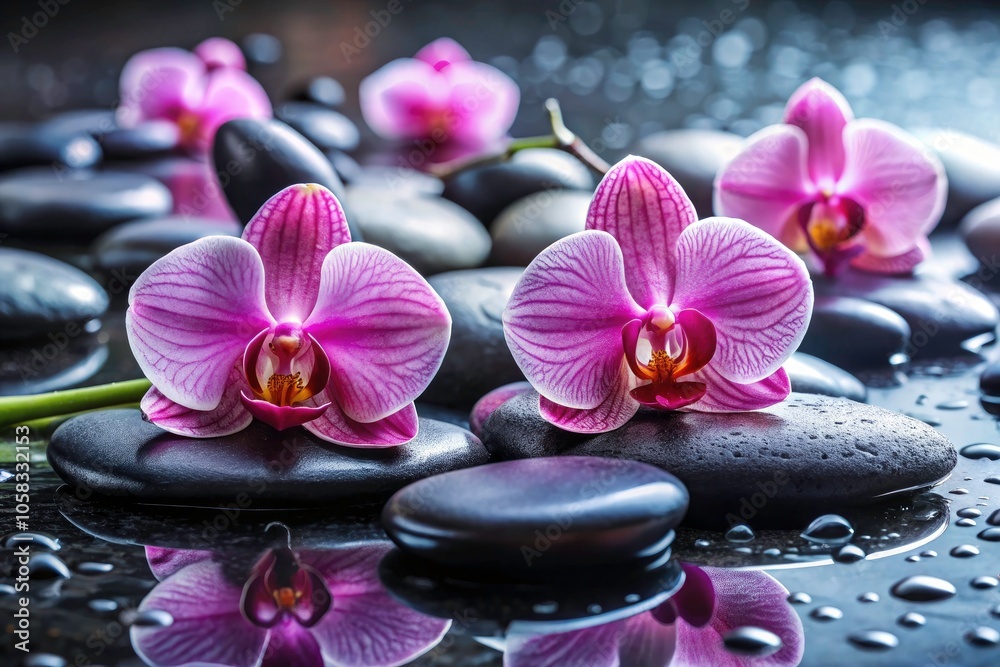 Zen Spa Serenity with Basalt Black Stones and Pink Orchid - Relaxation, Wellness, and Tranquility in Macro Photography Zen Spa Serenity with Basalt Black Stones and Pink Orchid - Relaxation, Wellness, and Tranquility in Macro Photography