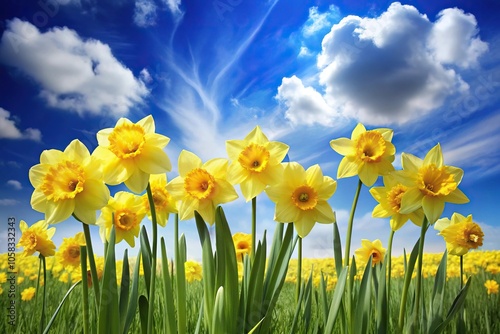 A group of bright yellow daffodils standing in a field with a clear blue sky and fluffy white clouds, flowers, floral arrangement, outdoor