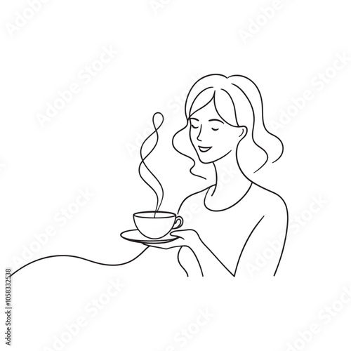 A cartoon woman joyfully holding a steaming cup of coffee continuous line art flat vector illustration on white background.