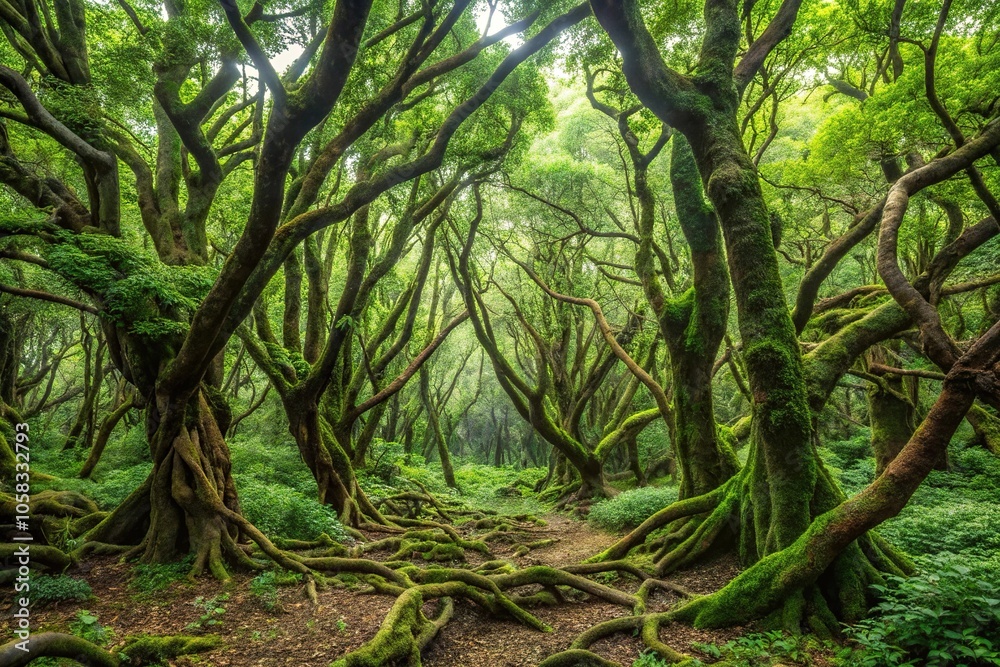 A dense forest with overgrown vegetation and twisted trees on a grey background, dense foliage, eerie silence A dense forest with overgrown vegetation and twisted trees on a grey background, dense foliage, eerie silence