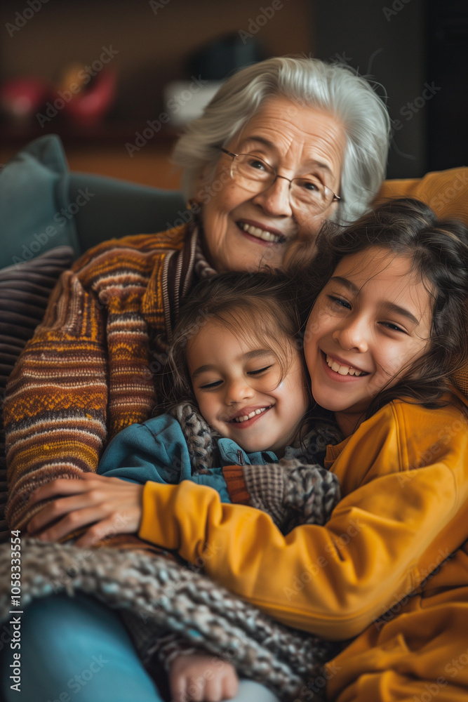 Happy grandma and smiling granddaughter cuddling on the couch. High quality photo