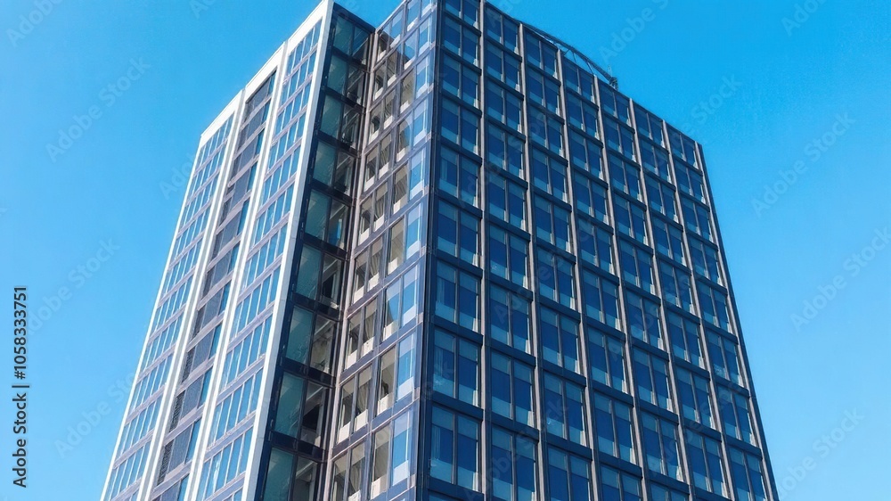 Modern office building standing tall with a clear blue sky in the background, headquarters, professional Modern office building standing tall with a clear blue sky in the background, headquarters, professional
