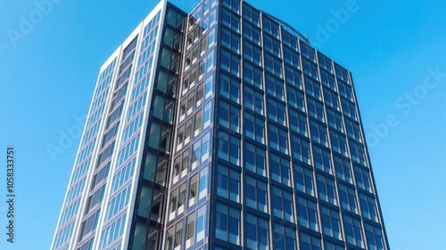 Modern office building standing tall with a clear blue sky in the background, headquarters, professional