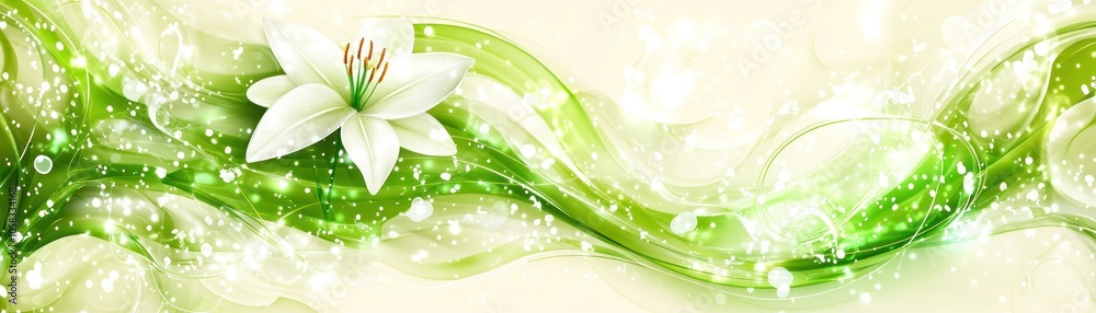A serene design featuring a white lily and flowing green elements with sparkling accents. A serene design featuring a white lily and flowing green elements with sparkling accents.