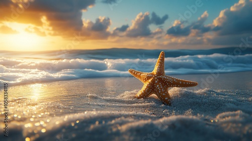 A starfish lies on the sandy beach at sunset with the ocean waves in the background. photo