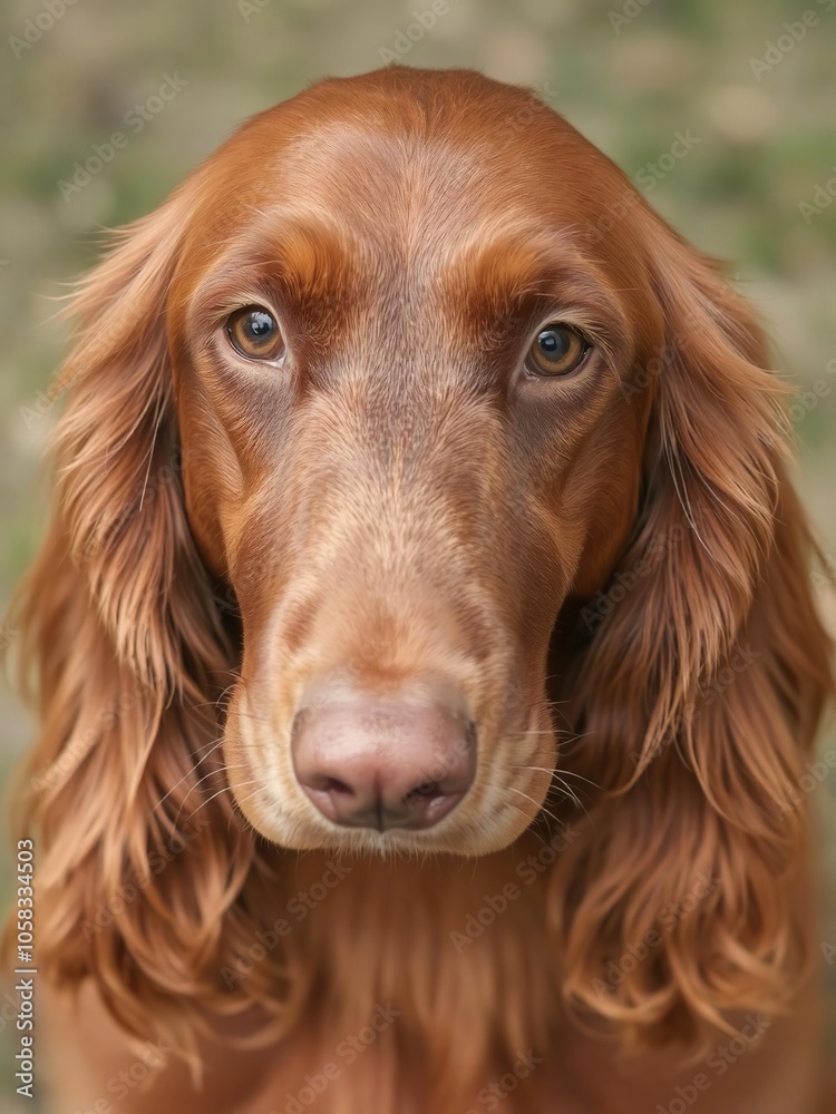 Portrait of a beautiful Irish setter with a shiny red coat and soulful eyes, looking curiously at the camera, domestic, Irish setter Portrait of a beautiful Irish setter with a shiny red coat and soulful eyes, looking curiously at the camera, domestic, Irish setter