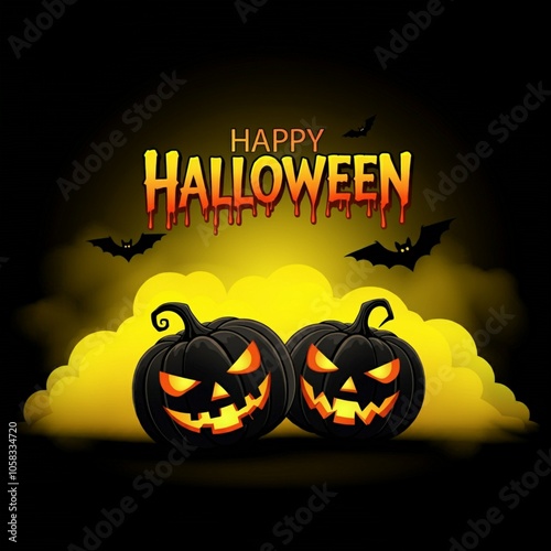 halloween, pumpkin, autumn, holiday, vector, horror, night, card, bat, illustration, dark, moon, orange, spooky, celebration, scary, october, black, fear, design, evil, party, silhouette, happy, banne