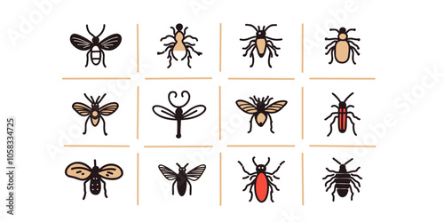 Set of colorful insects in detailed illustration style, various species, naturalistic loo