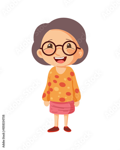 Elderly woman laughing joyfully, friendly and welcoming expression, simple illustration