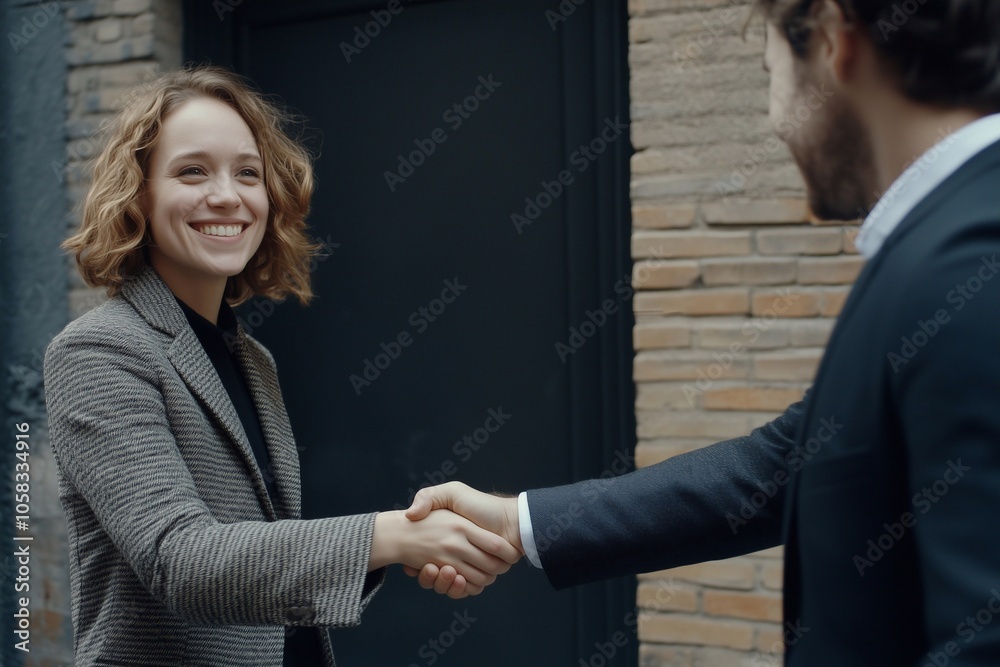 Happy successful professional young woman getting job, giving handshake to employer after interview. Positive confident businesswoman shaking hands with male colleague, partner at meeting. Happy successful professional young woman getting job, giving handshake to employer after interview. Positive confident businesswoman shaking hands with male colleague, partner at meeting.