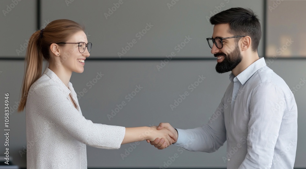 Happy successful professional young woman getting job, giving handshake to employer after interview. Positive confident businesswoman shaking hands with male colleague, partner at meeting. Happy successful professional young woman getting job, giving handshake to employer after interview. Positive confident businesswoman shaking hands with male colleague, partner at meeting.