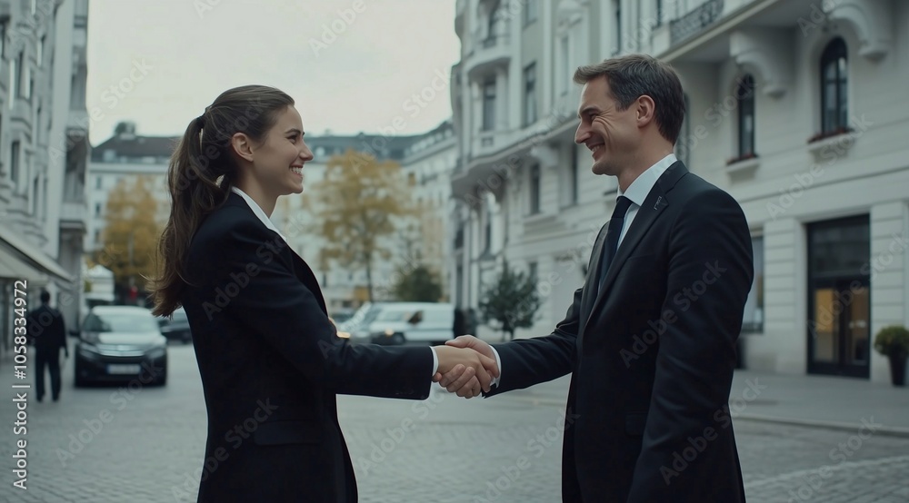 Happy successful professional young woman getting job, giving handshake to employer after interview. Positive confident businesswoman shaking hands with male colleague, partner at meeting. Happy successful professional young woman getting job, giving handshake to employer after interview. Positive confident businesswoman shaking hands with male colleague, partner at meeting.
