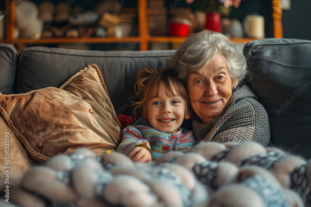 Happy grandma and smiling granddaughter cuddling on the couch. High quality photo Happy grandma and smiling granddaughter cuddling on the couch. High quality photo
