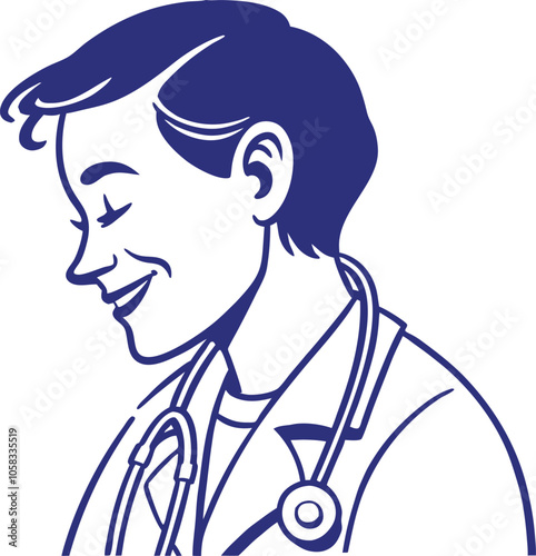 A simple, friendly icon representing a doctor’s face with a stethoscope hanging around the neck. The figure has a slight smile, with blue and white coloring for a comforting feel.