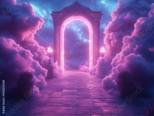 Neon Pink Glowing Archway Surrounded by Clouds, Futuristic Fantasy Gateway in a Dreamlike Landscape
